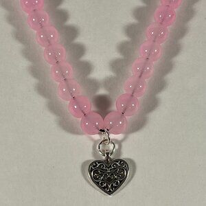 Ornate Silver Heart Pink Glass Bead Necklace NWT